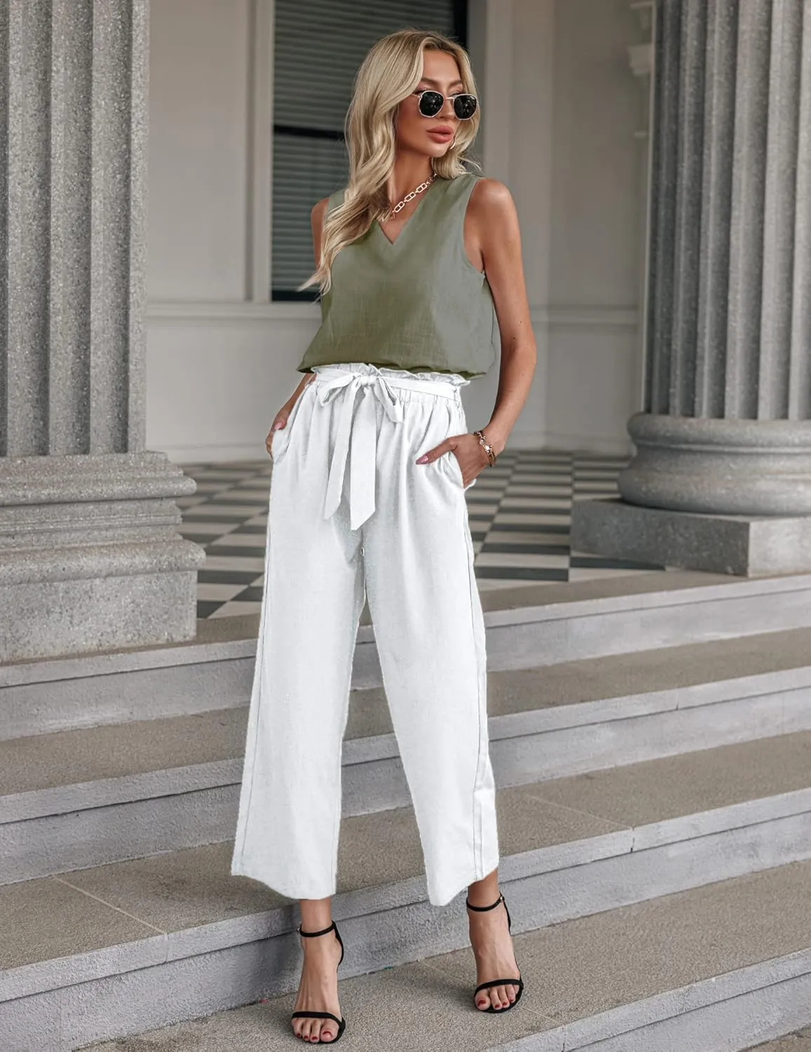 Chigant Womens Cotton Linen Tank Tops V Neck Casual Cami Sleeveless Blouses Summer Basic Tank Shirt S-XXXL