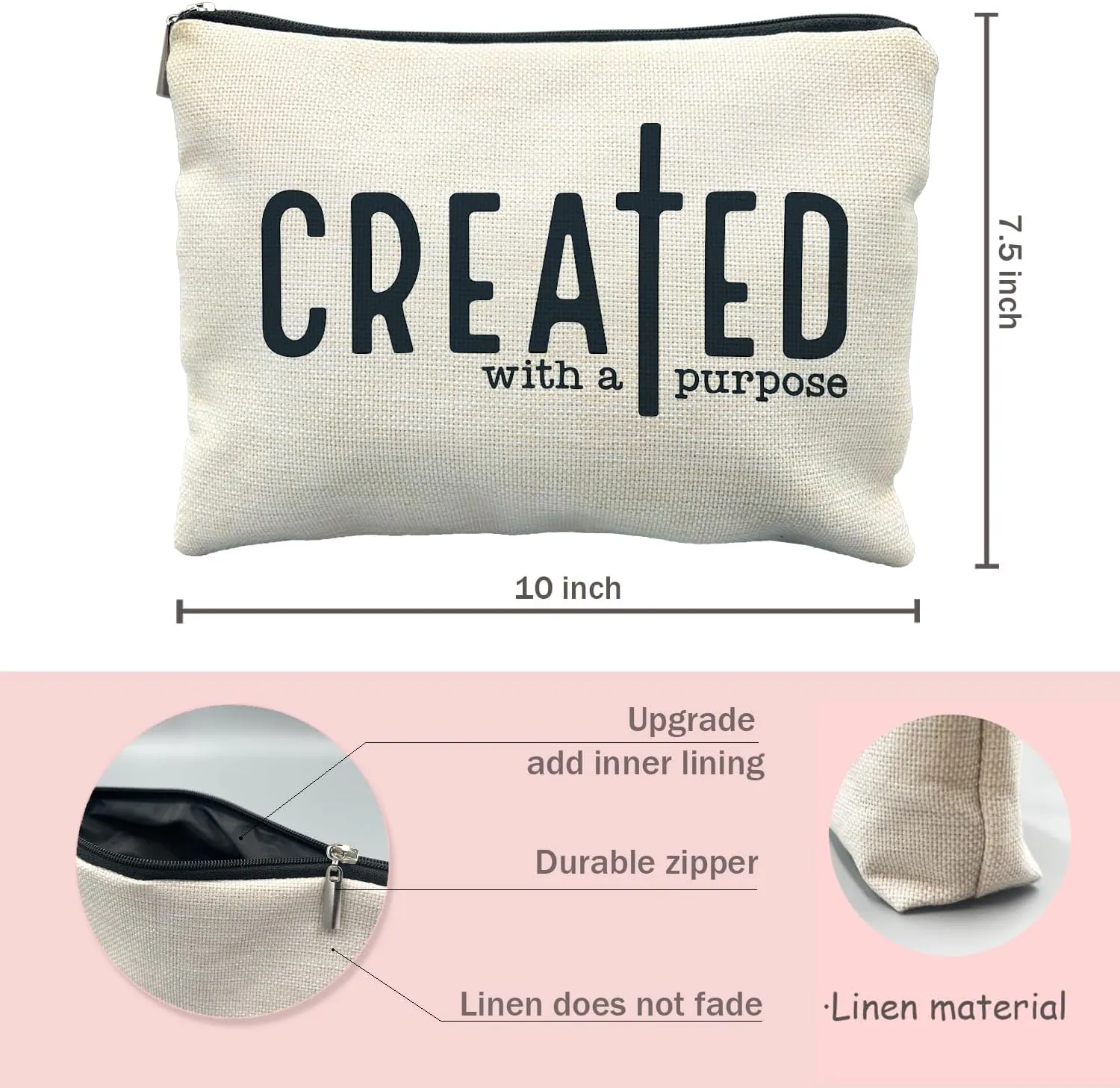 Christian Makeup Bag, Jesus Bible Bag, Off-White Letter Print, Durable & Easy to Clean, Scratch-Resistant Lining, 10" x 7.5" x 10", Makeup Cosmetic Bag for Women (Christian)