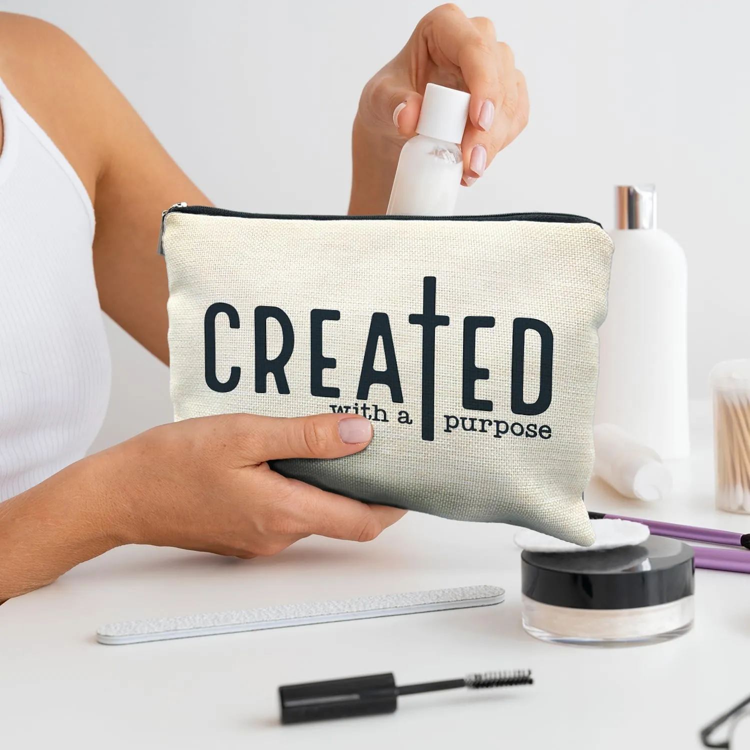 Christian Makeup Bag, Jesus Bible Bag, Off-White Letter Print, Durable & Easy to Clean, Scratch-Resistant Lining, 10" x 7.5" x 10", Makeup Cosmetic Bag for Women (Christian)