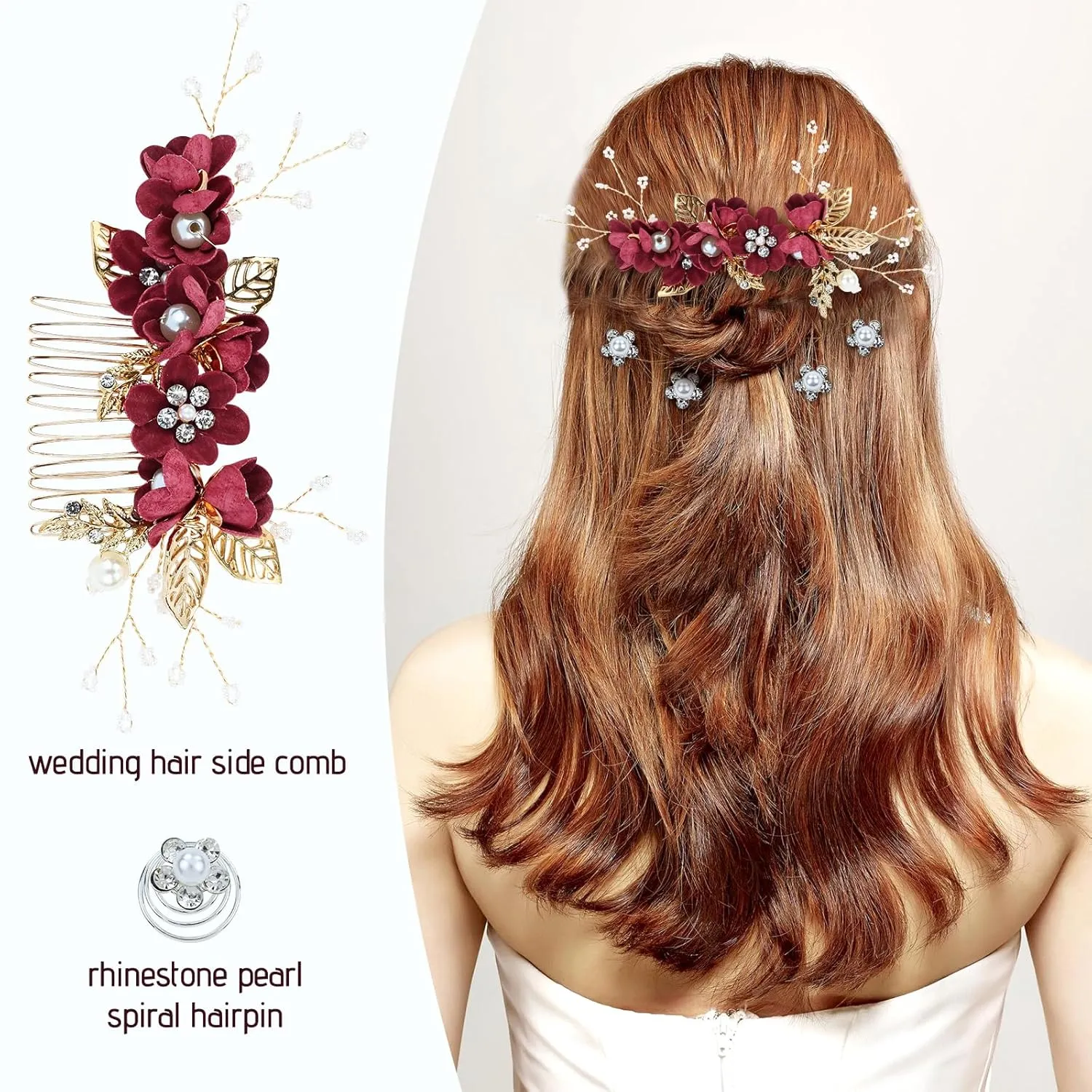 Cinaci 18 Pieces Bridal Wedding Party Prom Pearl Rhinestone Burgundy Flower Hair Side Combs Slides U-shaped Flower Hair Pins Twist Spiral Hairpins Floral Headpieces for Brides Bridesmaids Women Girls