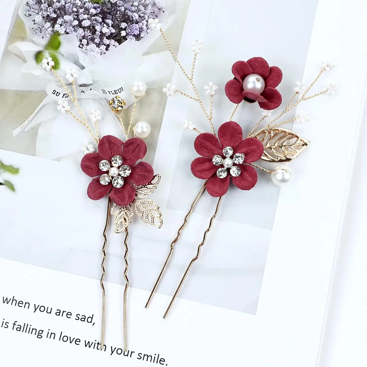 Cinaci 18 Pieces Bridal Wedding Party Prom Pearl Rhinestone Burgundy Flower Hair Side Combs Slides U-shaped Flower Hair Pins Twist Spiral Hairpins Floral Headpieces for Brides Bridesmaids Women Girls