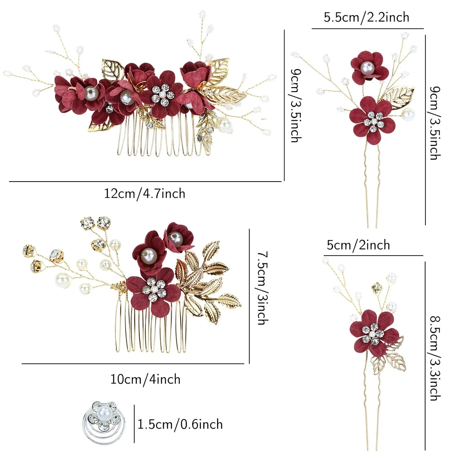 Cinaci 18 Pieces Bridal Wedding Party Prom Pearl Rhinestone Burgundy Flower Hair Side Combs Slides U-shaped Flower Hair Pins Twist Spiral Hairpins Floral Headpieces for Brides Bridesmaids Women Girls