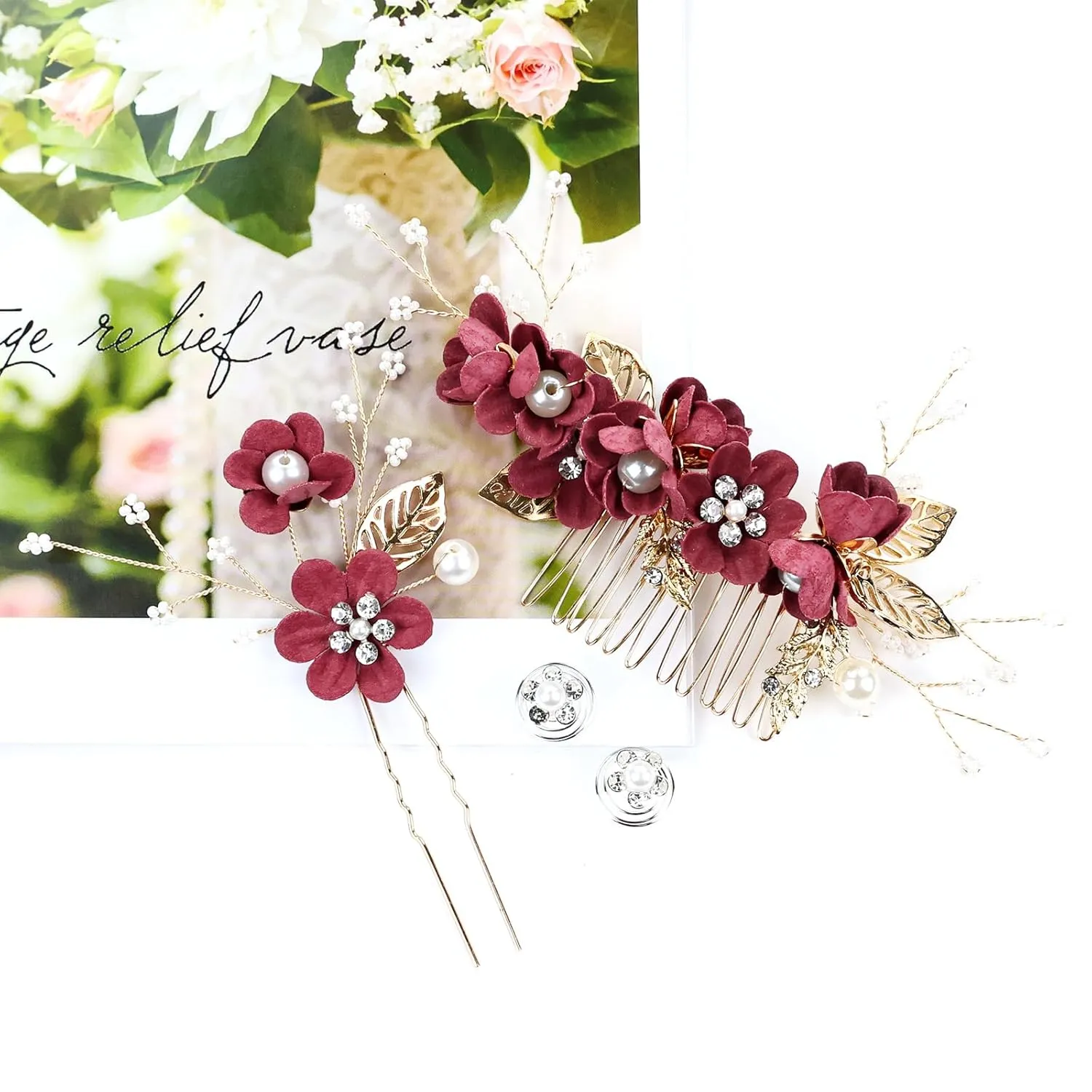 Cinaci 18 Pieces Bridal Wedding Party Prom Pearl Rhinestone Burgundy Flower Hair Side Combs Slides U-shaped Flower Hair Pins Twist Spiral Hairpins Floral Headpieces for Brides Bridesmaids Women Girls