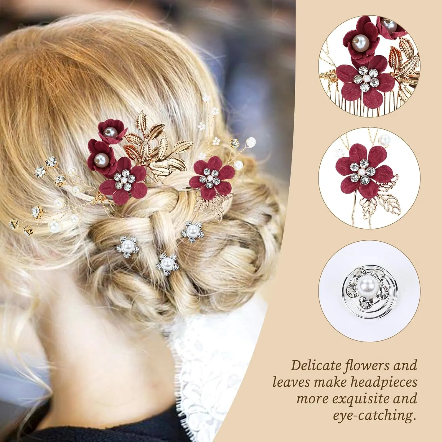 Cinaci 18 Pieces Bridal Wedding Party Prom Pearl Rhinestone Burgundy Flower Hair Side Combs Slides U-shaped Flower Hair Pins Twist Spiral Hairpins Floral Headpieces for Brides Bridesmaids Women Girls