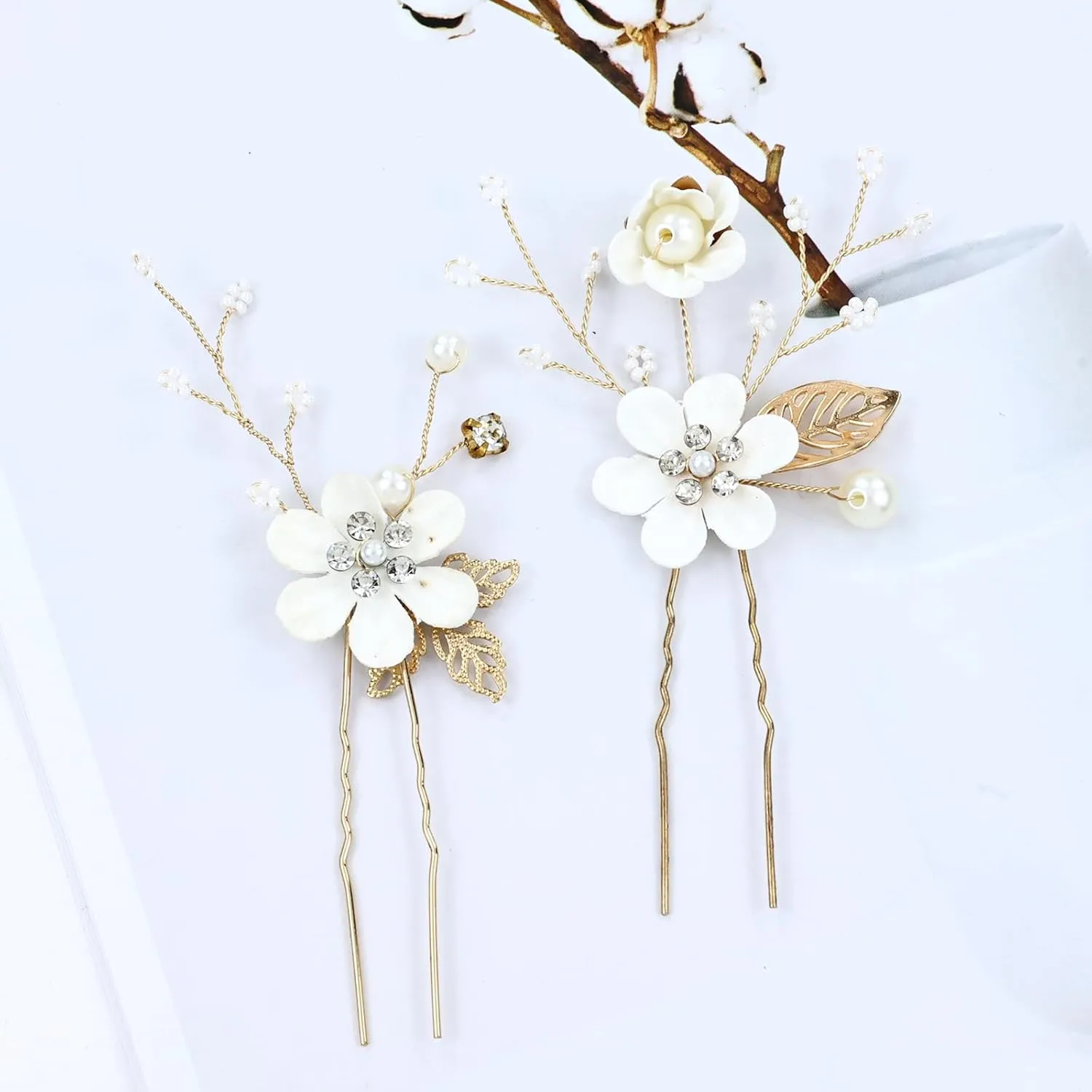 Cinaci 18 Pieces Bridal Wedding Party Prom Pearl Rhinestone White Flower Hair Side Combs Slides U-shaped Flower Hair Pins Twist Spiral Hairpins Floral Headpieces for Brides Bridesmaids Women Girls