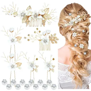 Cinaci 18 Pieces Bridal Wedding Party Prom Pearl Rhinestone White Flower Hair Side Combs Slides U-shaped Flower Hair Pins Twist Spiral Hairpins Floral Headpieces for Brides Bridesmaids Women Girls