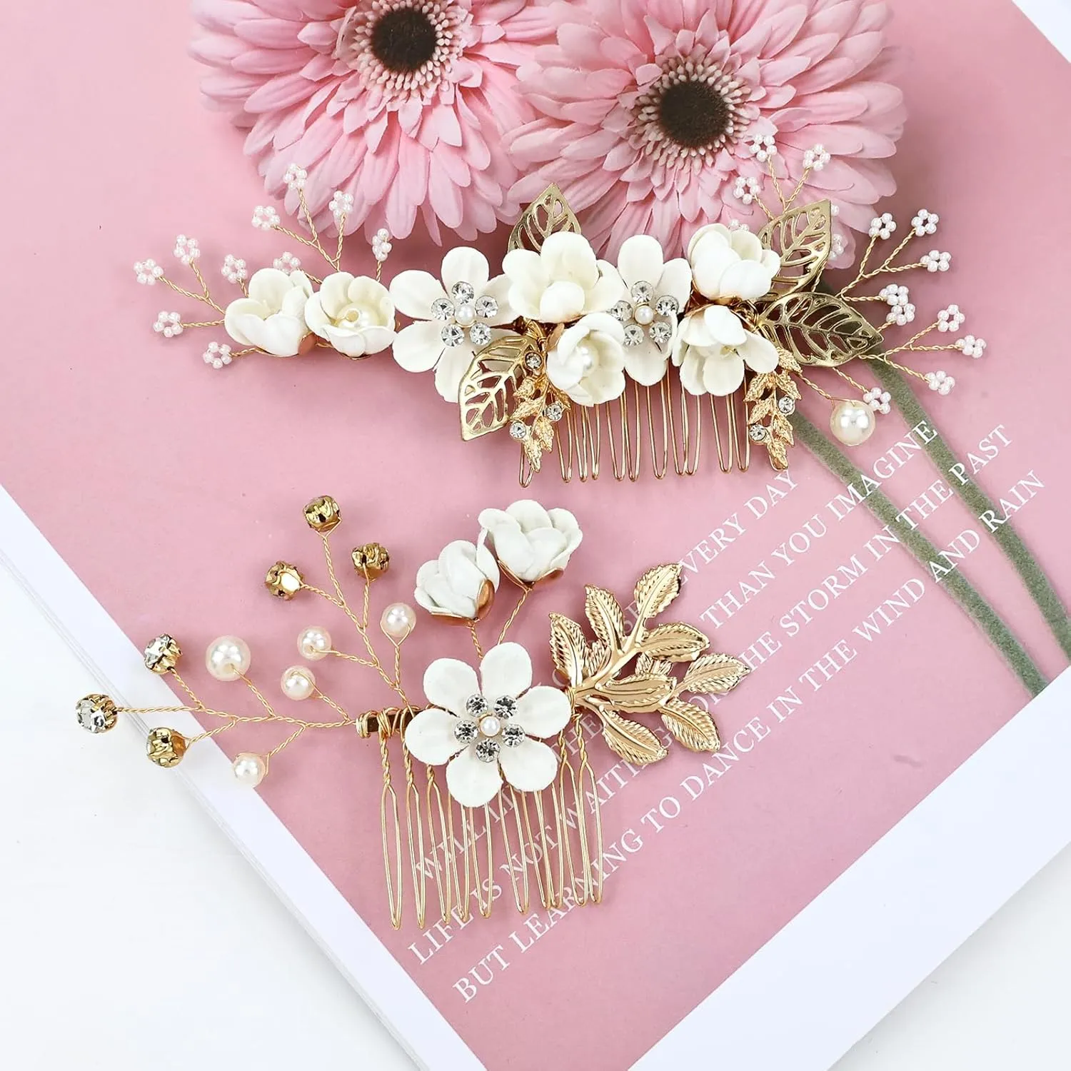 Cinaci 18 Pieces Bridal Wedding Party Prom Pearl Rhinestone White Flower Hair Side Combs Slides U-shaped Flower Hair Pins Twist Spiral Hairpins Floral Headpieces for Brides Bridesmaids Women Girls