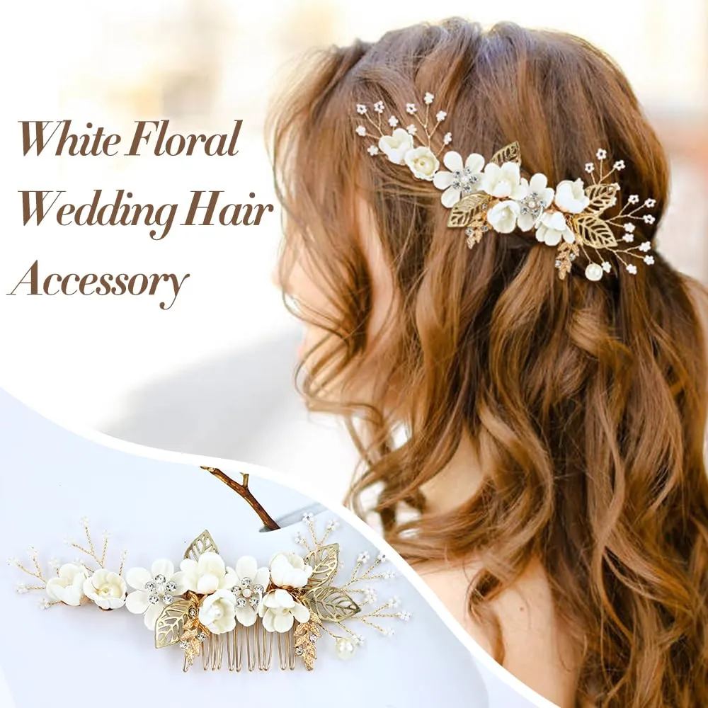 Cinaci 18 Pieces Bridal Wedding Party Prom Pearl Rhinestone White Flower Hair Side Combs Slides U-shaped Flower Hair Pins Twist Spiral Hairpins Floral Headpieces for Brides Bridesmaids Women Girls