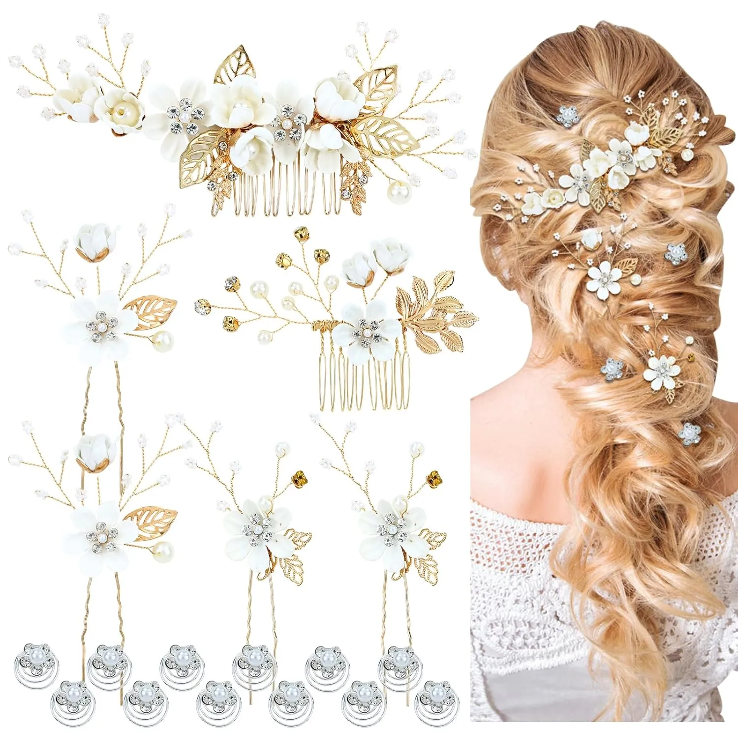 Cinaci 18 Pieces Bridal Wedding Party Prom Pearl Rhinestone White Flower Hair Side Combs Slides U-shaped Flower Hair Pins Twist Spiral Hairpins Floral Headpieces for Brides Bridesmaids Women Girls