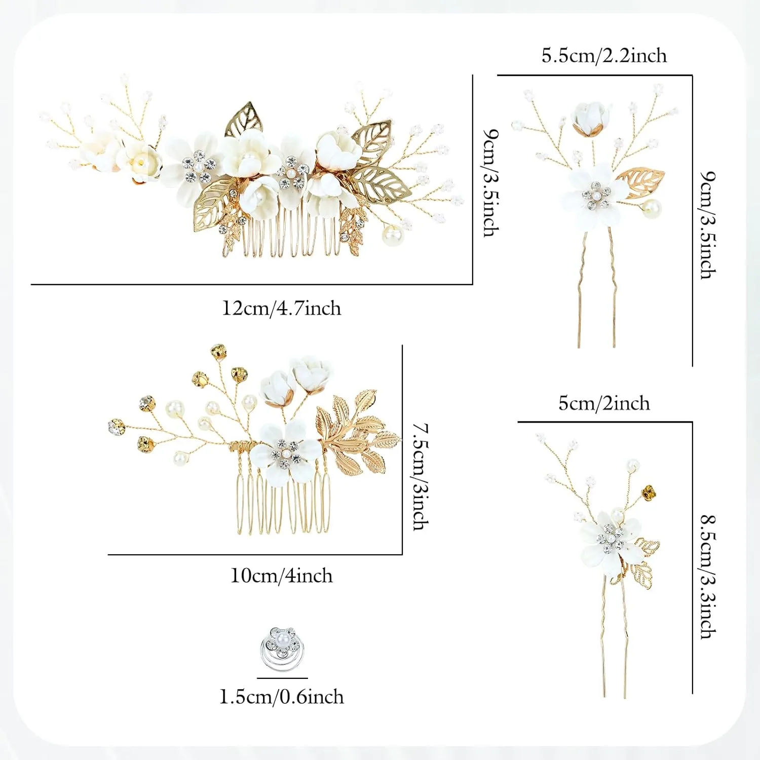 Cinaci 18 Pieces Bridal Wedding Party Prom Pearl Rhinestone White Flower Hair Side Combs Slides U-shaped Flower Hair Pins Twist Spiral Hairpins Floral Headpieces for Brides Bridesmaids Women Girls