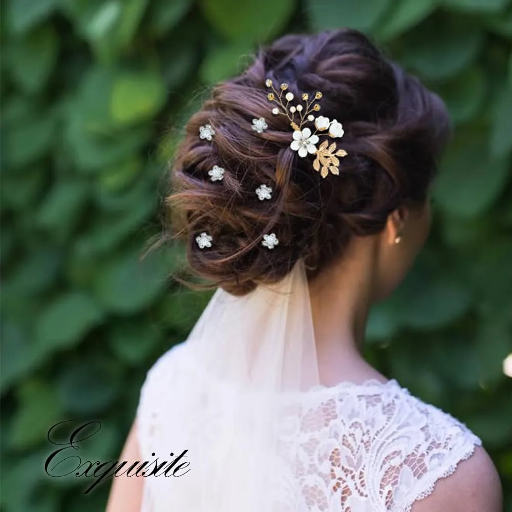 Cinaci 18 Pieces Bridal Wedding Party Prom Pearl Rhinestone White Flower Hair Side Combs Slides U-shaped Flower Hair Pins Twist Spiral Hairpins Floral Headpieces for Brides Bridesmaids Women Girls
