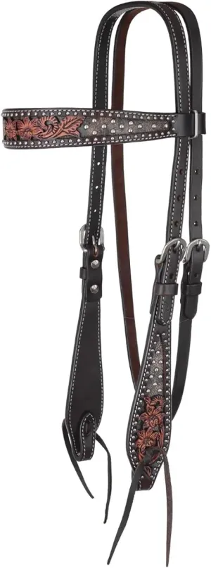 Circle Y Dark Flash Arizona Flower Durable Distressed Leather Western Horse Size Browband Headstall with Standard Cheeks & Tie Ends | 36" - 43" Headstall Working Length