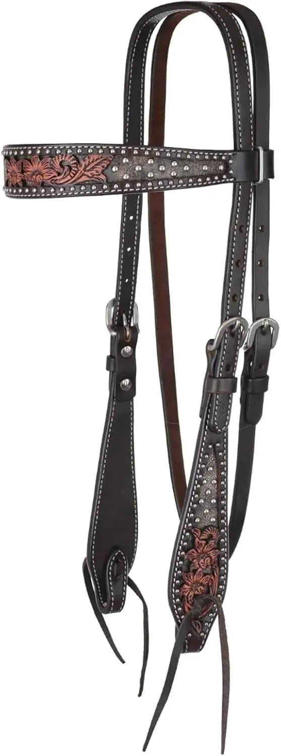 Circle Y Dark Flash Arizona Flower Durable Distressed Leather Western Horse Size Browband Headstall with Standard Cheeks & Tie Ends | 36" - 43" Headstall Working Length