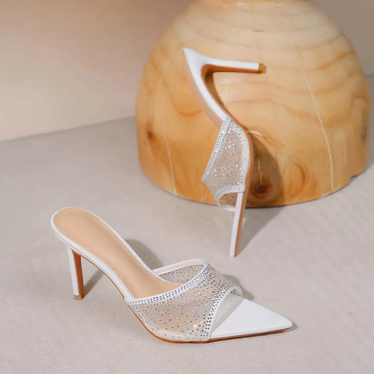 Ciuyurra Women Embellished Rhinestone Tulle Mules Pointed Peep Toe Sparkly Slip On Sandals