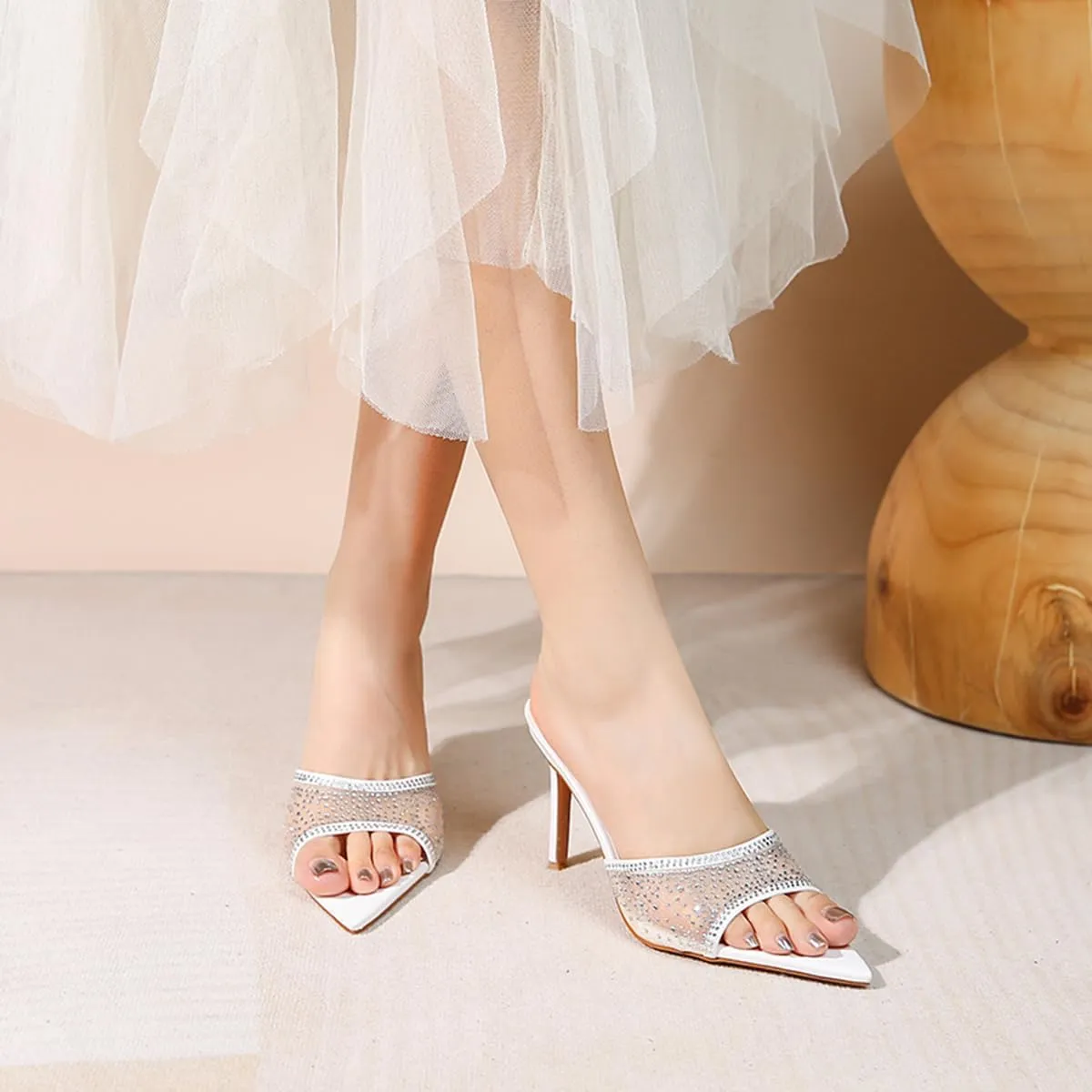 Ciuyurra Women Embellished Rhinestone Tulle Mules Pointed Peep Toe Sparkly Slip On Sandals