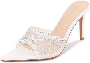Ciuyurra Women Embellished Rhinestone Tulle Mules Pointed Peep Toe Sparkly Slip On Sandals