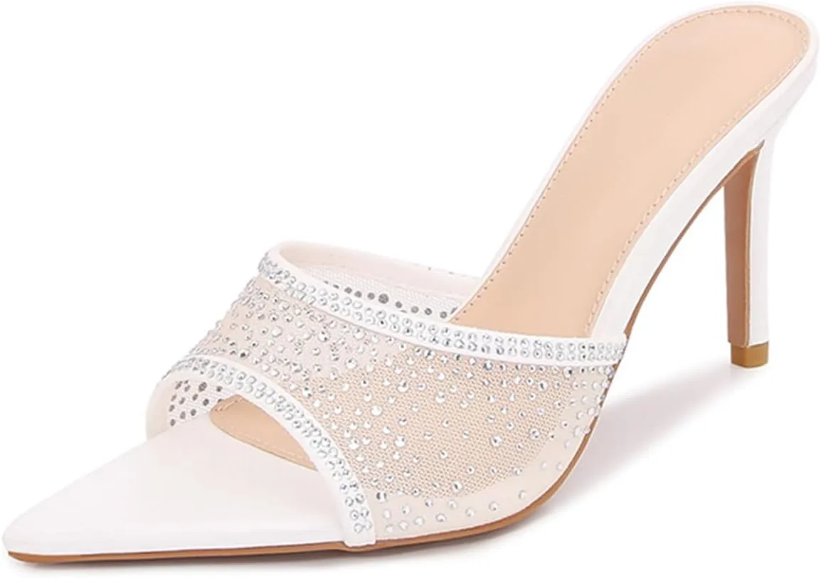 Ciuyurra Women Embellished Rhinestone Tulle Mules Pointed Peep Toe Sparkly Slip On Sandals