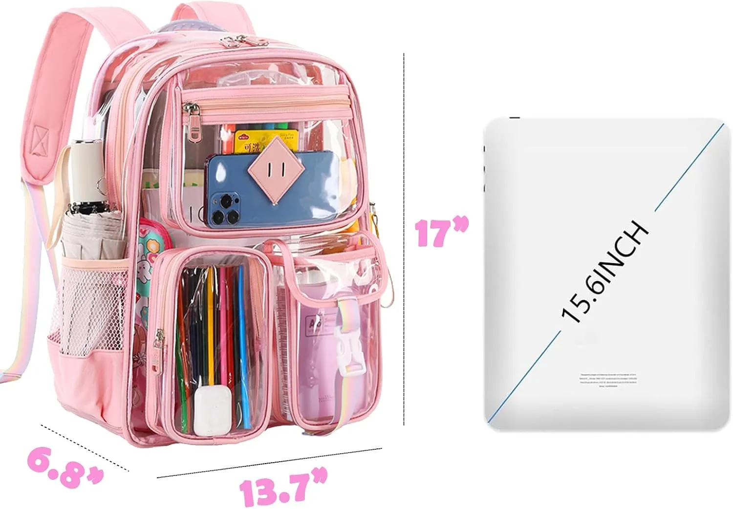 Clear Backpack for Girls, Transparent Kids Backpack for School Stadium Approved, Heavy Duty See Through Bookbag for Women with Clear Bag