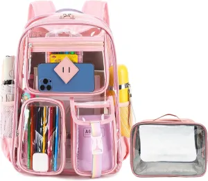 Clear Backpack for Girls, Transparent Kids Backpack for School Stadium Approved, Heavy Duty See Through Bookbag for Women with Clear Bag