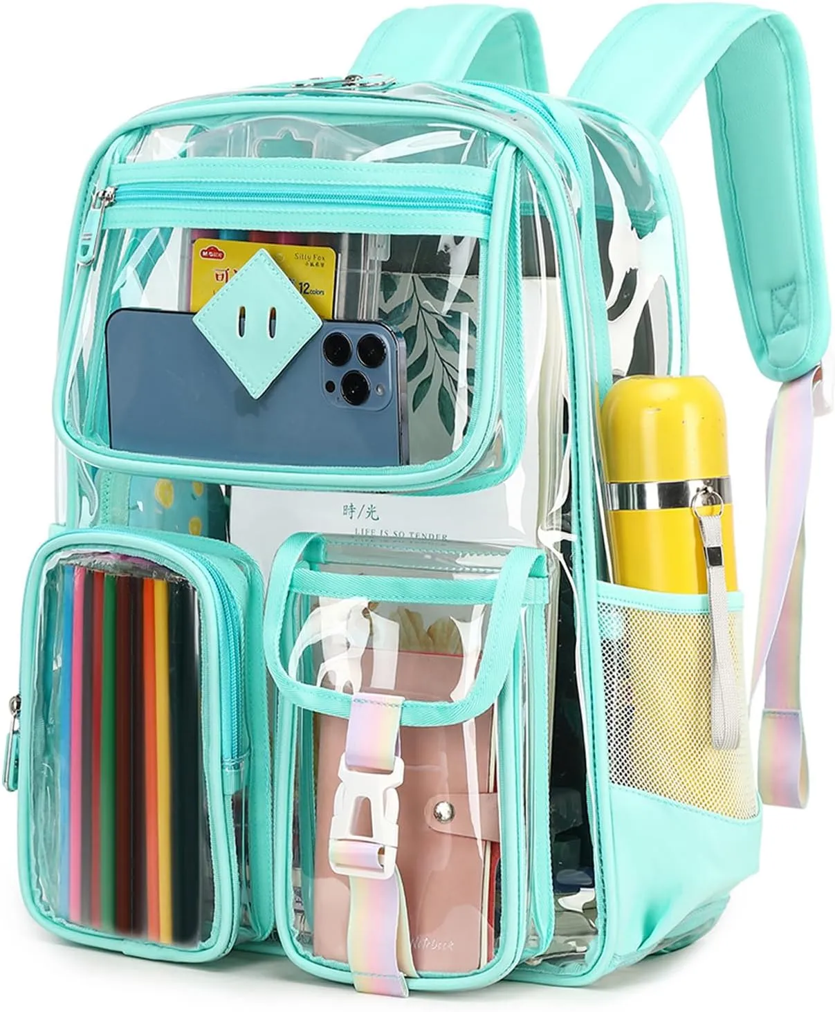 Clear Backpack for School Heavy Duty PVC Transparent Bag See Through Bookbag for Stadium Approved Women Girls(Cute, Turquoise)