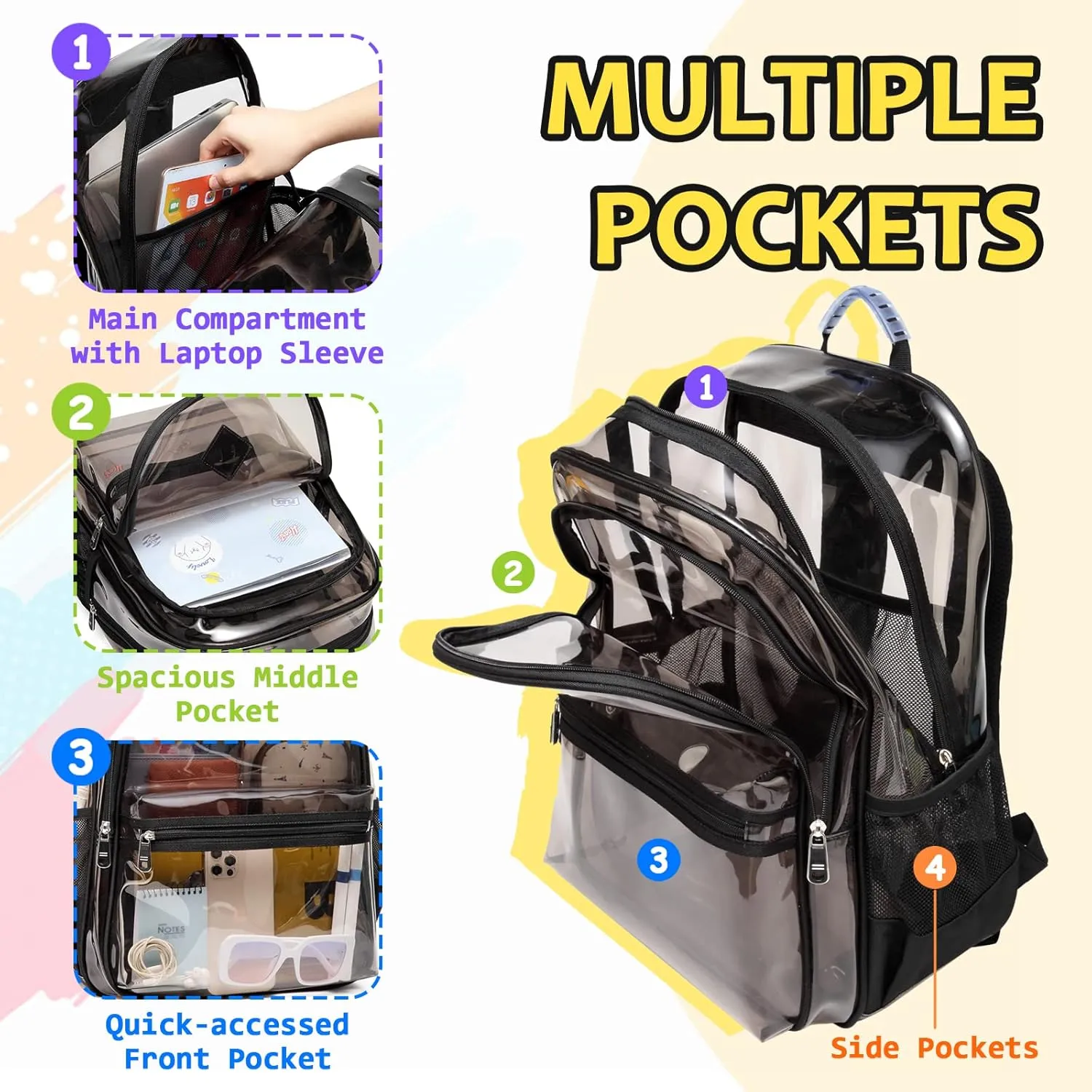 Clear Backpack for School, Thriple Compartments Heavy Duty Clear Bookbag PVC Transparent Backpack See Through Backpacks for Boys Girls Women Men for Stadium Events College,Half Black