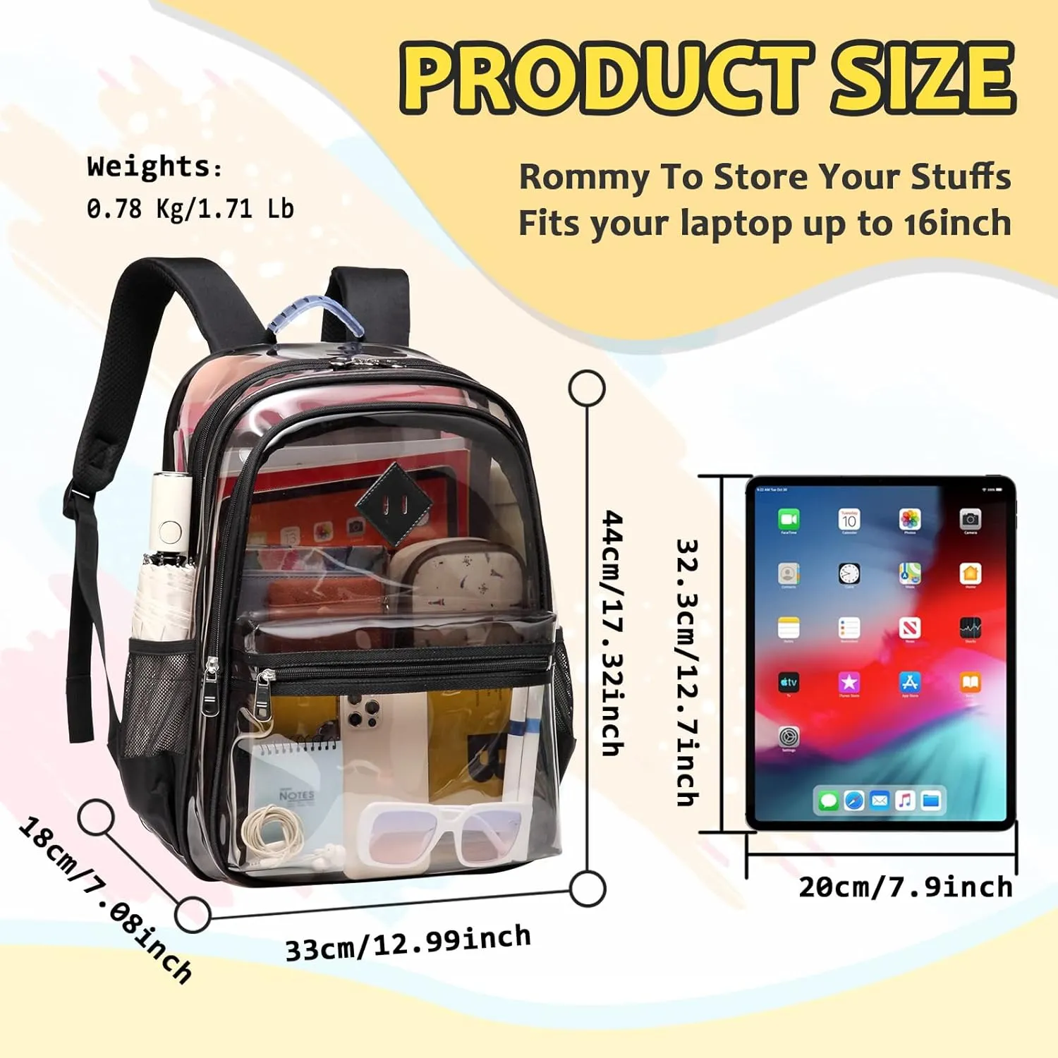 Clear Backpack for School, Thriple Compartments Heavy Duty Clear Bookbag PVC Transparent Backpack See Through Backpacks for Boys Girls Women Men for Stadium Events College,Half Black