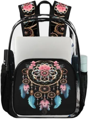 Clear Backpack Gypsy Dream Catcher Clear Bag Heavy Duty PVC Backpack Sturdy Transparent Backpack for Travel, Work, Security, Ethnic Design Clear Bags for Women Men,17.7inch