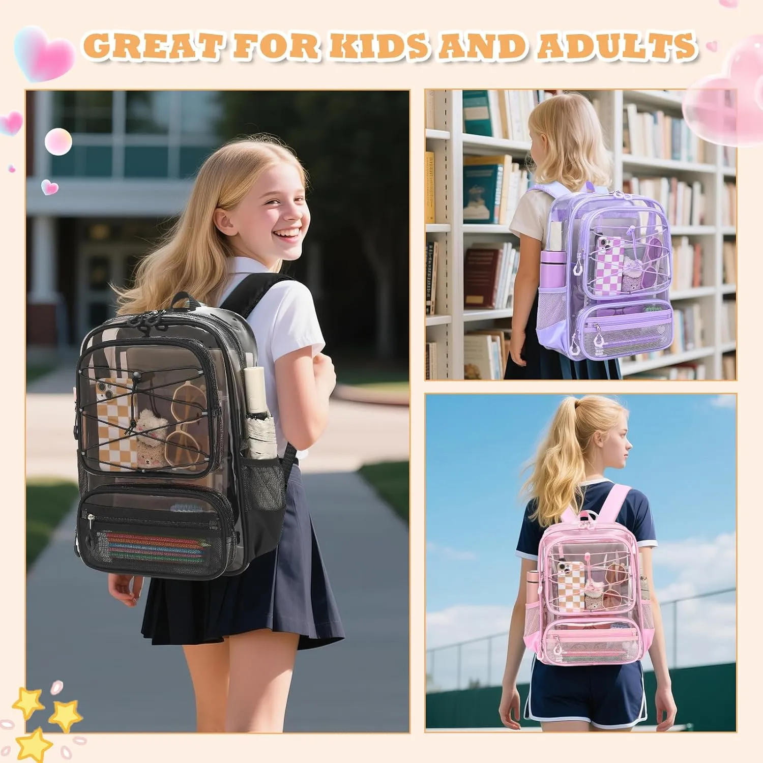 Clear Backpack Heavy Duty for Stadium Events - Large PVC Clear Backpacks for School, kids, Boys and Girls (Transparent Black)