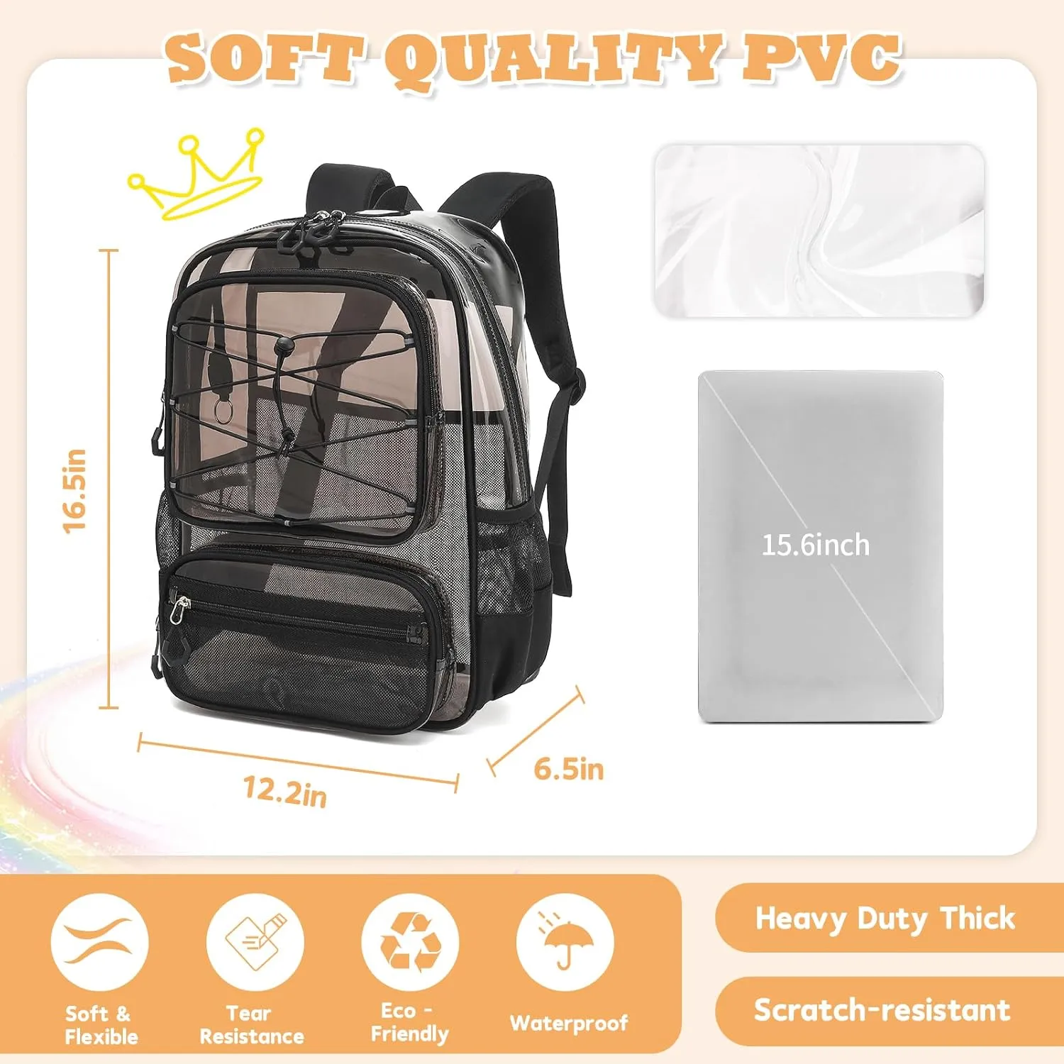 Clear Backpack Heavy Duty for Stadium Events - Large PVC Clear Backpacks for School, kids, Boys and Girls (Transparent Black)