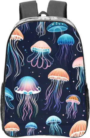 Clear Backpack Heavy Duty PVC Transparent Backpack Large Clear Bag for Travel, Work, Concert, Calm Jellyfish Print 16"