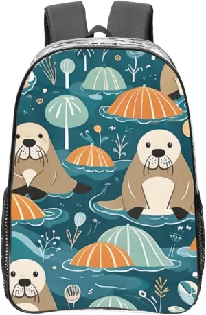 Clear Backpack Heavy Duty PVC Transparent Backpack Large Clear Bag for Travel, Work, Concert, Happy Walrus Print 16"
