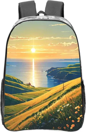 Clear Backpack Heavy Duty PVC Transparent Backpack Large Clear Bag for Travel, Work, Concert, Sunlit Horizons Print 16"