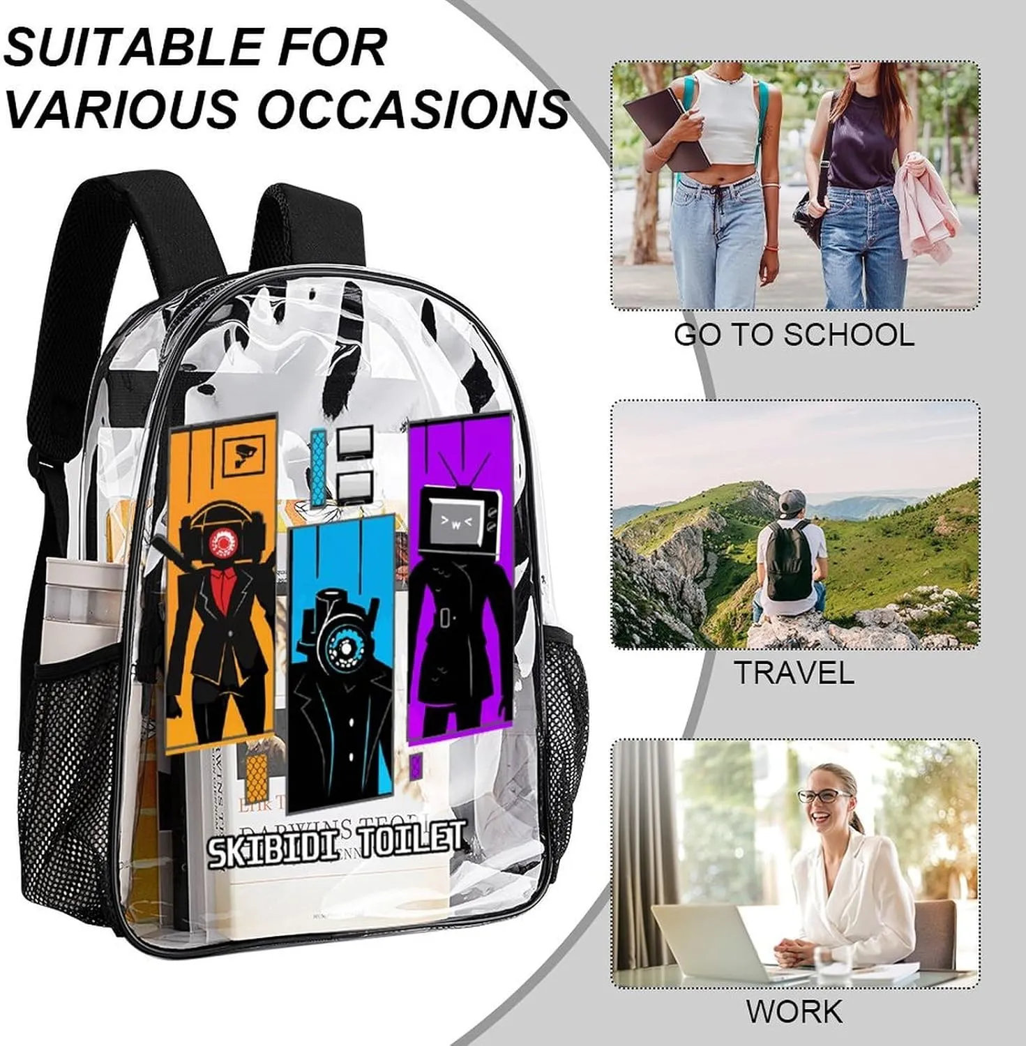 Clear Backpack Heavy Duty PVC Transparent Funny Toi-let Funny Toi-let Backpack 17"" Large Capacity See Through Bag for Travel, 43x32x13cm, Style-2