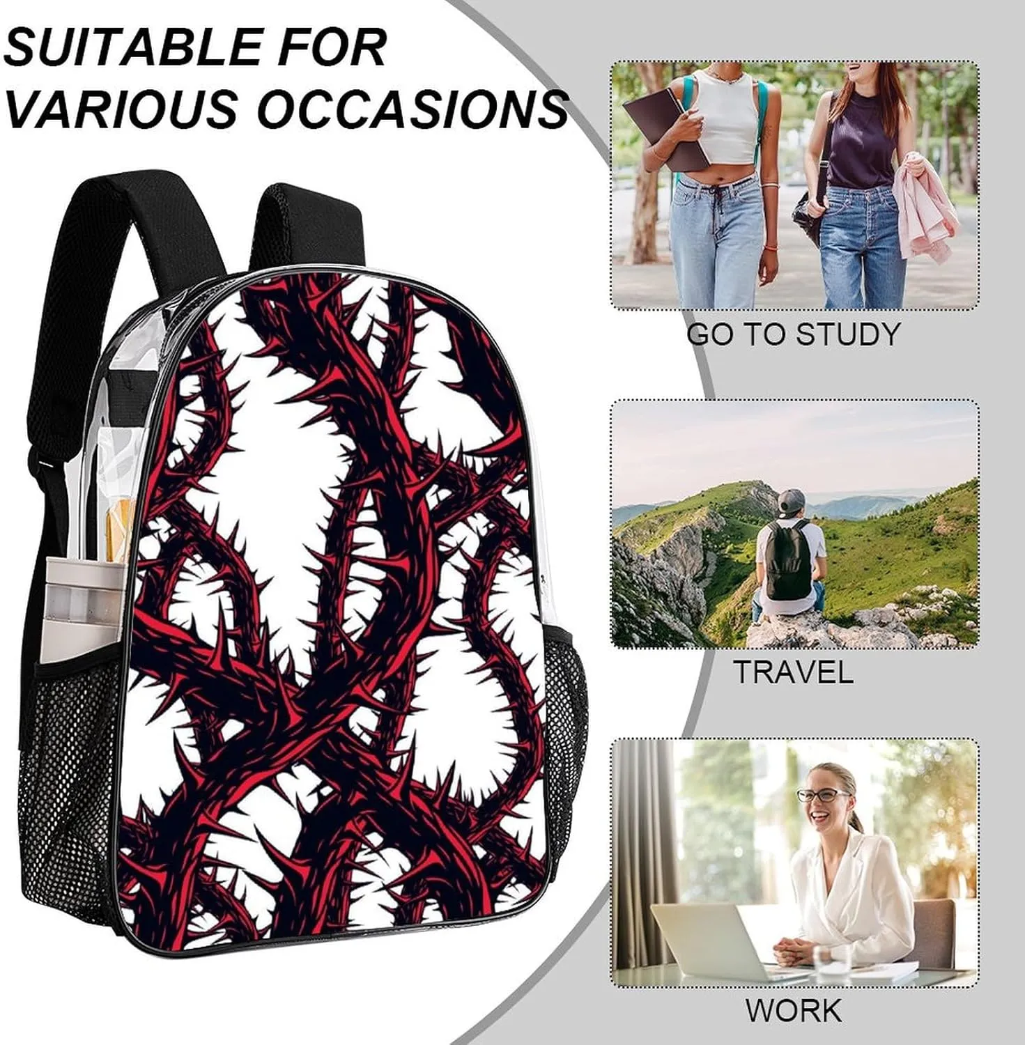 Clear Backpack Heavy Duty Redthorn Branche Thorns Horror 16 Inch for Stadium Events Concert Travel Work Sport Hiking Waterproof Sturdy Transparent Bag for Men Women