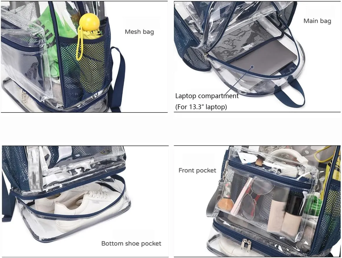 Clear Backpack Heavy Duty, See Through Backpack Purse, Gym Backpack with Laptop and Shoe Compartment (Dark Blue), 32*19*45cm