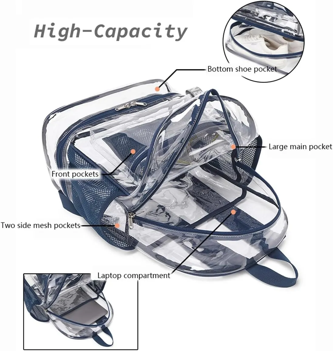 Clear Backpack Heavy Duty, See Through Backpack Purse, Gym Backpack with Laptop and Shoe Compartment (Dark Blue), 32*19*45cm