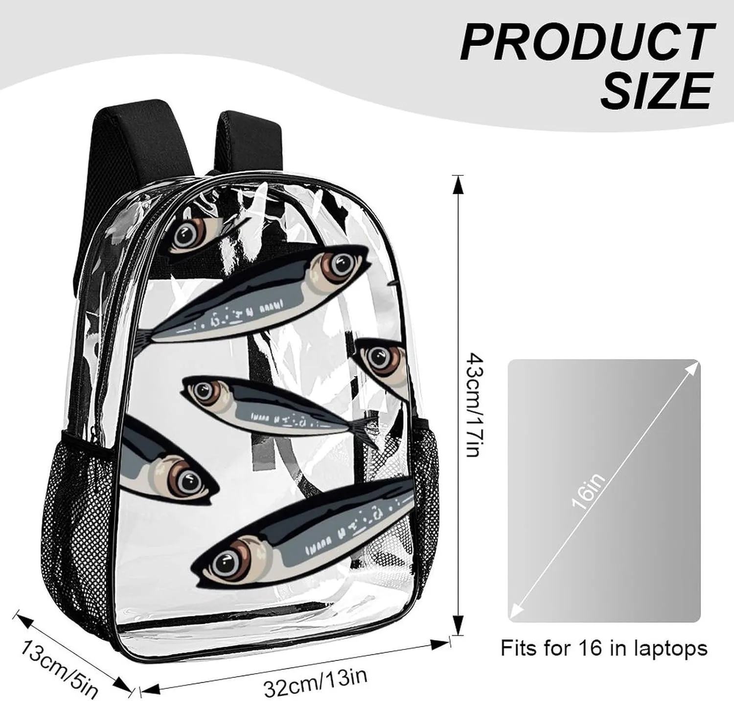 Clear Backpack Heavy Duty Summer Fish Tuna 16 Inch for Stadium Events Concert Travel Work Sport Hiking Waterproof Sturdy Transparent Bag for Men Women