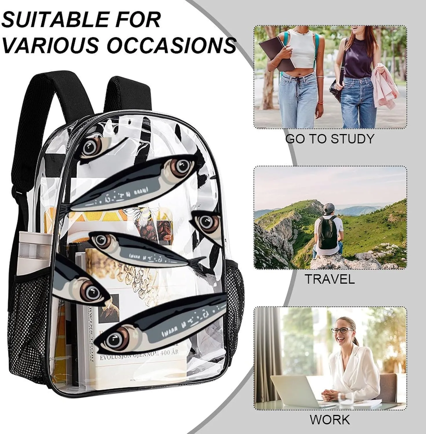 Clear Backpack Heavy Duty Summer Fish Tuna 16 Inch for Stadium Events Concert Travel Work Sport Hiking Waterproof Sturdy Transparent Bag for Men Women