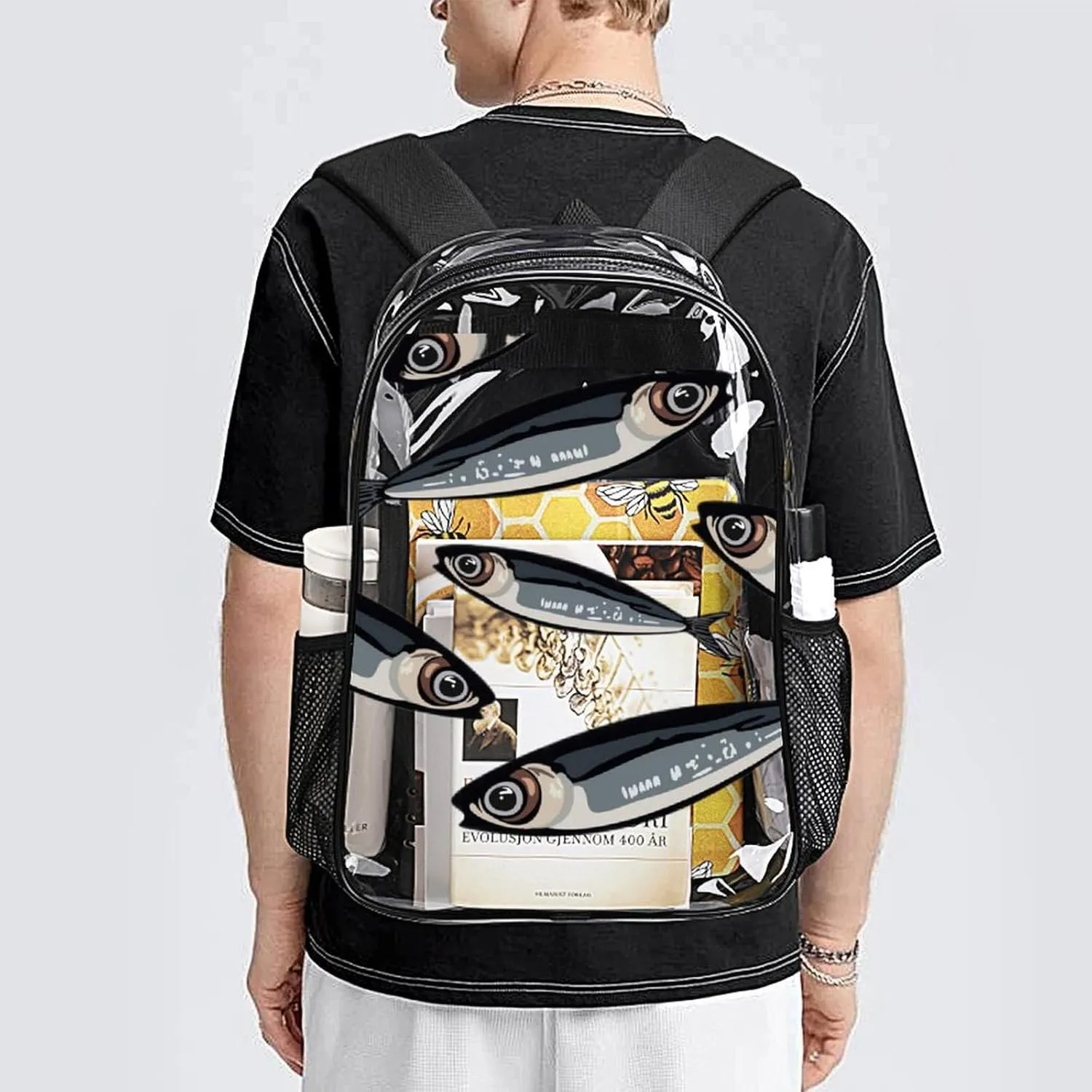 Clear Backpack Heavy Duty Summer Fish Tuna 16 Inch for Stadium Events Concert Travel Work Sport Hiking Waterproof Sturdy Transparent Bag for Men Women