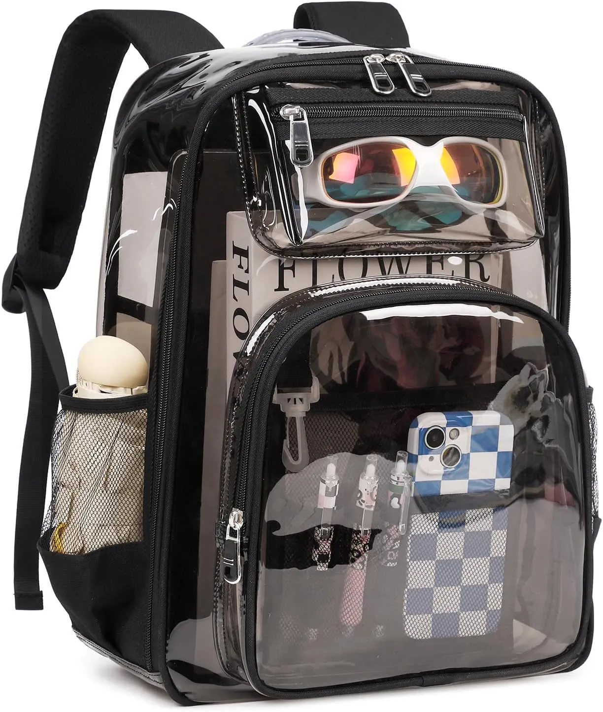 Clear Backpack Heavy Duty TPU ，See Through School Backpack Stadium Approved，Quick Security Check See Through Backpacks Transparent Bookbag,Black/Semi-transparent