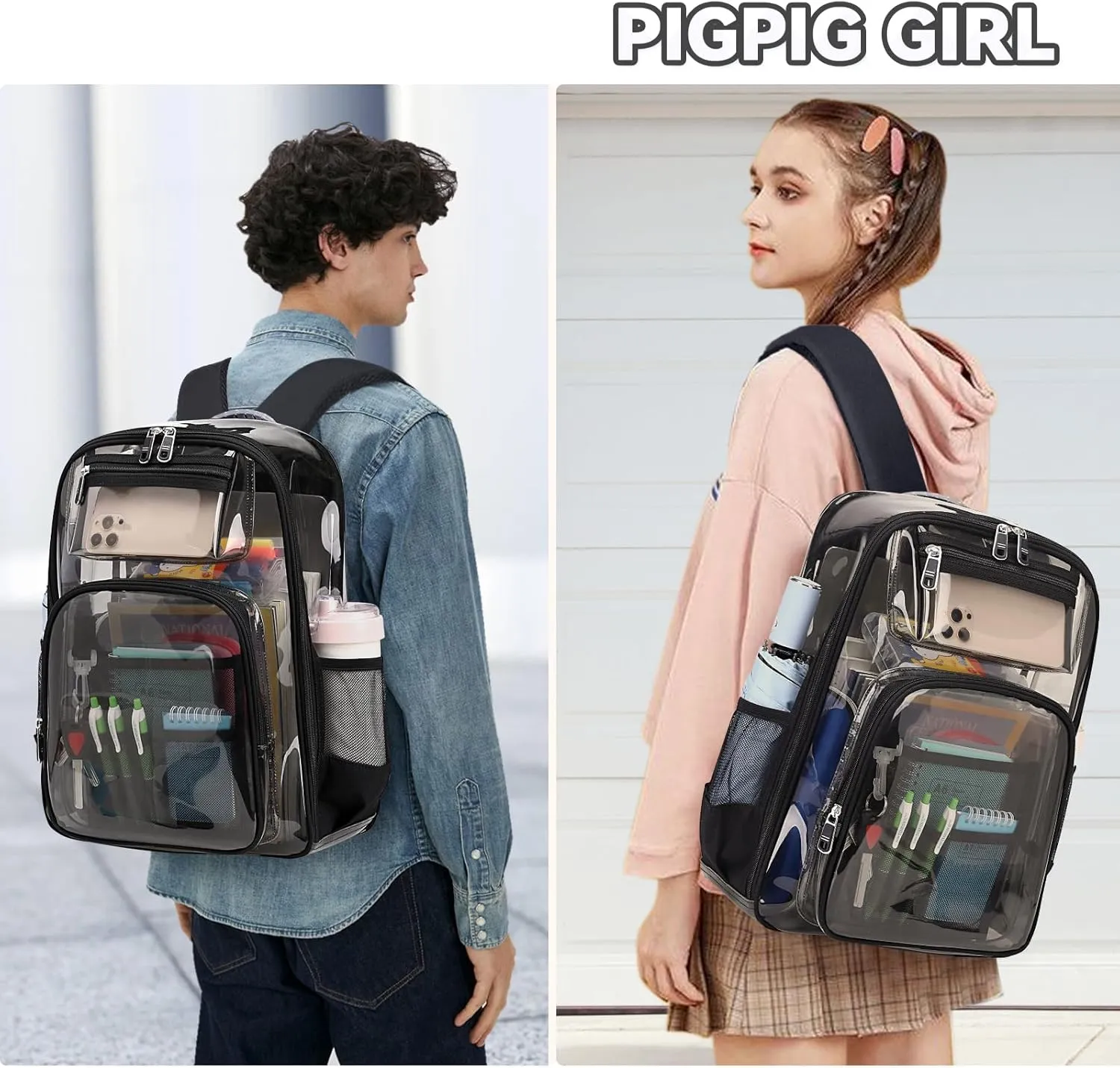 Clear Backpack Heavy Duty TPU ，See Through School Backpack Stadium Approved，Quick Security Check See Through Backpacks Transparent Bookbag,Black/Semi-transparent