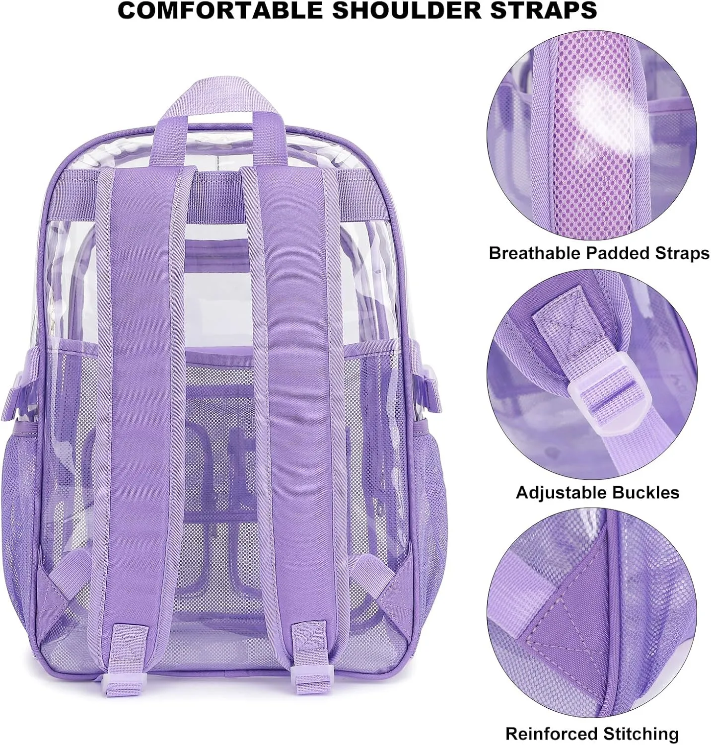 Clear Backpack Heavy Duty Transparent Backpacks Stadium Approved for School Work Sport Travel (Lavender Purple)