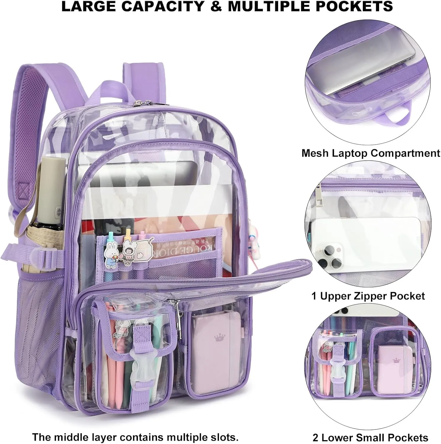 Clear Backpack Heavy Duty Transparent Backpacks Stadium Approved for School Work Sport Travel (Lavender Purple)