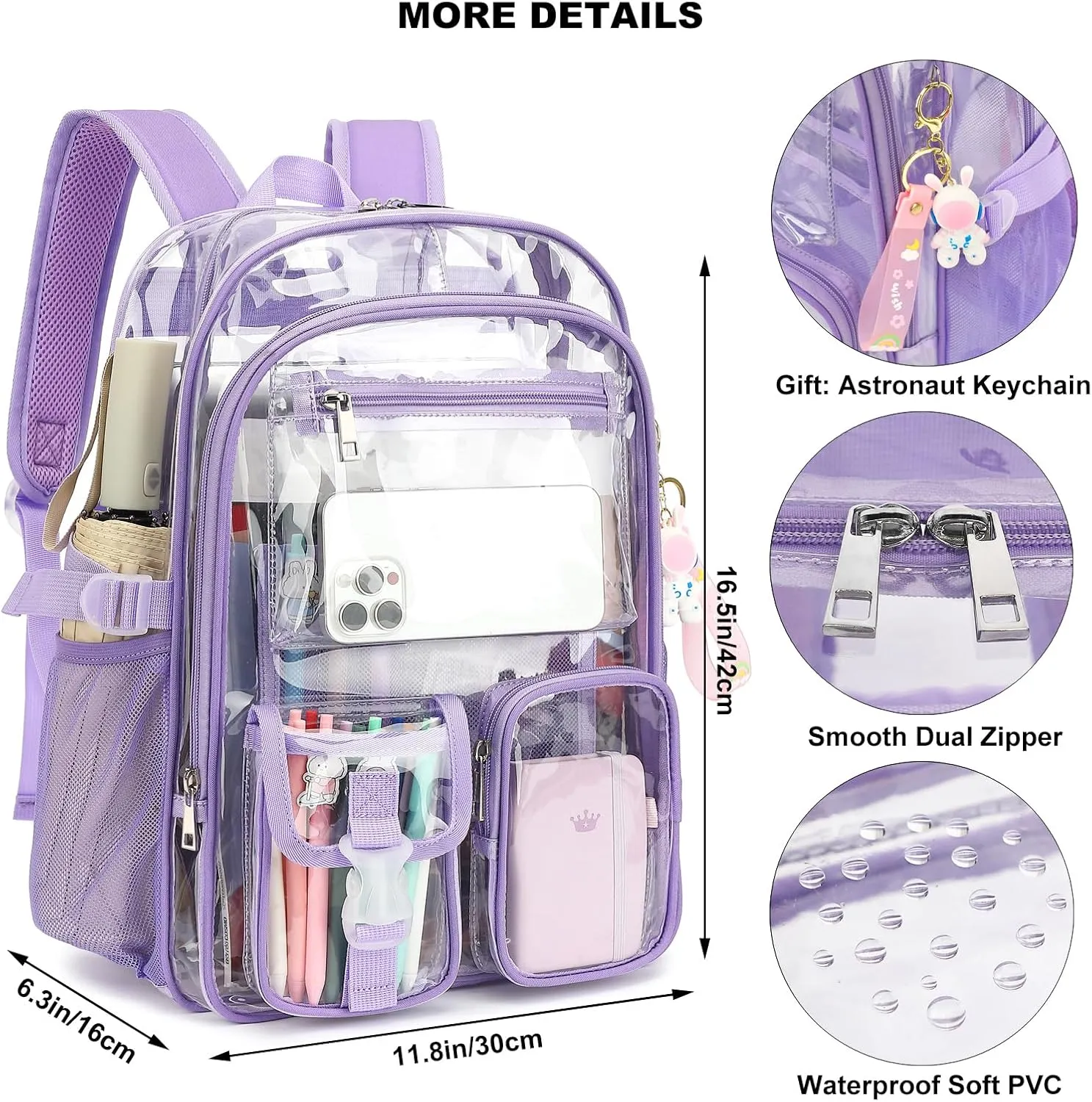 Clear Backpack Heavy Duty Transparent Backpacks Stadium Approved for School Work Sport Travel (Lavender Purple)