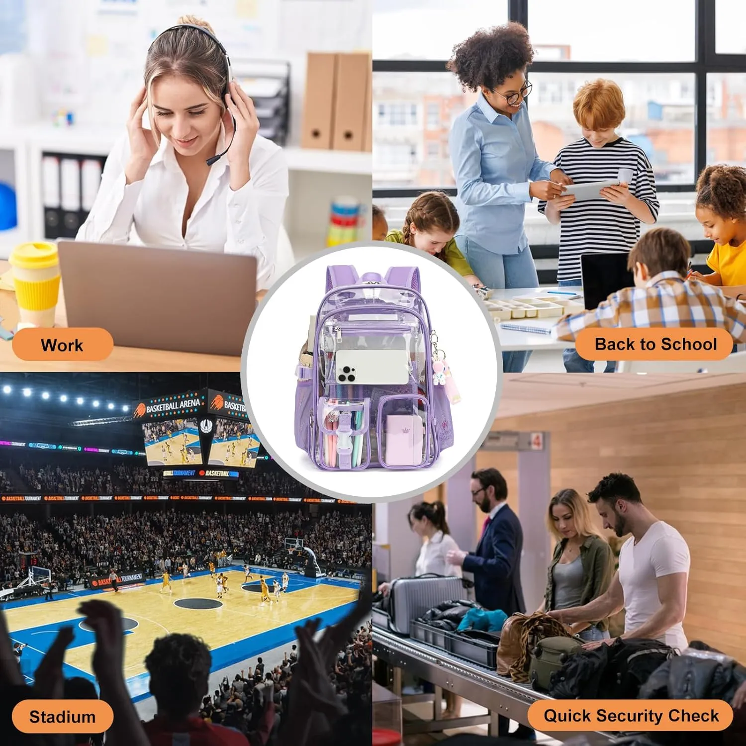 Clear Backpack Heavy Duty Transparent Backpacks Stadium Approved for School Work Sport Travel (Lavender Purple)