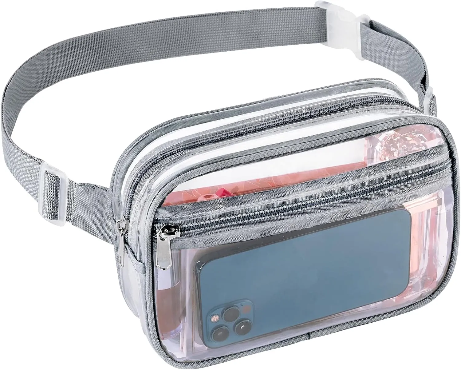 Clear Fanny Pack for Stadium Events - Waterproof Clear Bag for Women Men | Lightweight Waist Pack for Concerts, Sports Games & Travel | Stadium Approved Transparent Belt Bag (Grey）