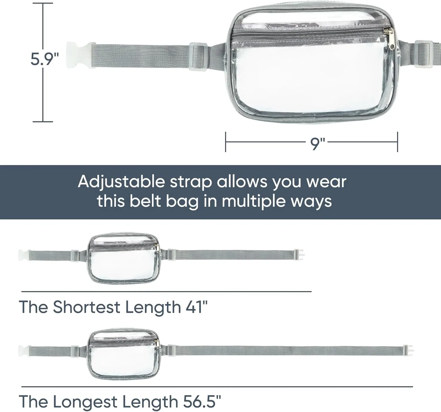 Clear Fanny Pack for Stadium Events - Waterproof Clear Bag for Women Men | Lightweight Waist Pack for Concerts, Sports Games & Travel | Stadium Approved Transparent Belt Bag (Grey）