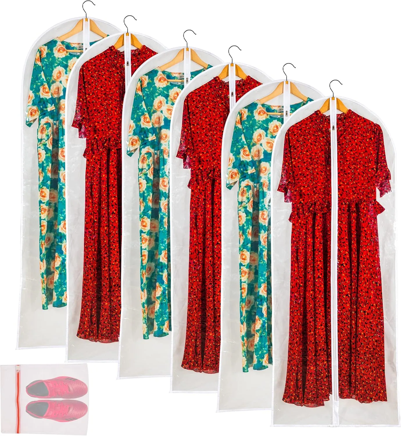 Clear Garment Bags for Long Gowns, Vinyl Dress Storage Bags, Zippered Plastic Protector for Dresses, 24"x60", 6 Pack