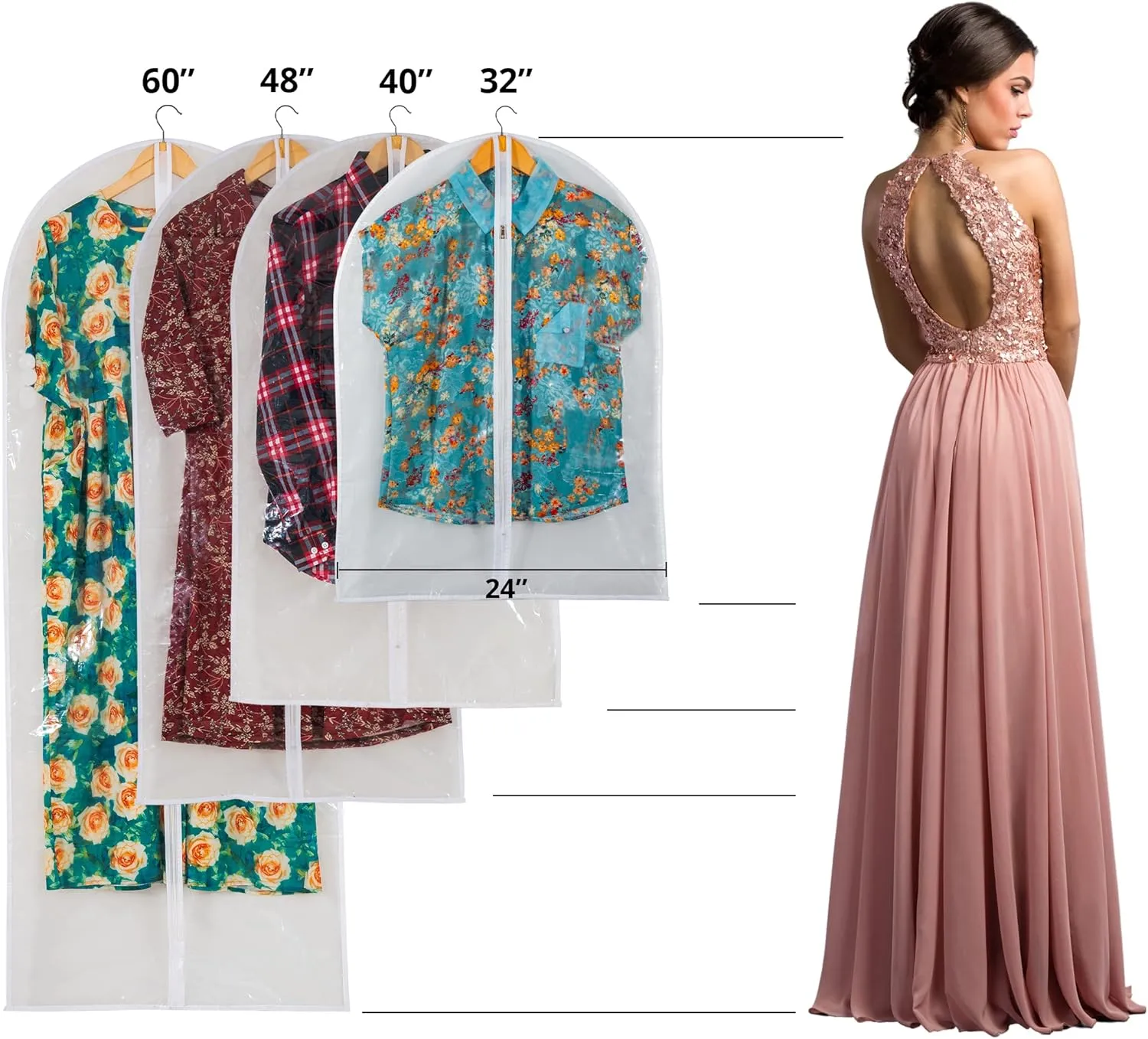 Clear Garment Bags for Long Gowns, Vinyl Dress Storage Bags, Zippered Plastic Protector for Dresses, 24"x60", 6 Pack