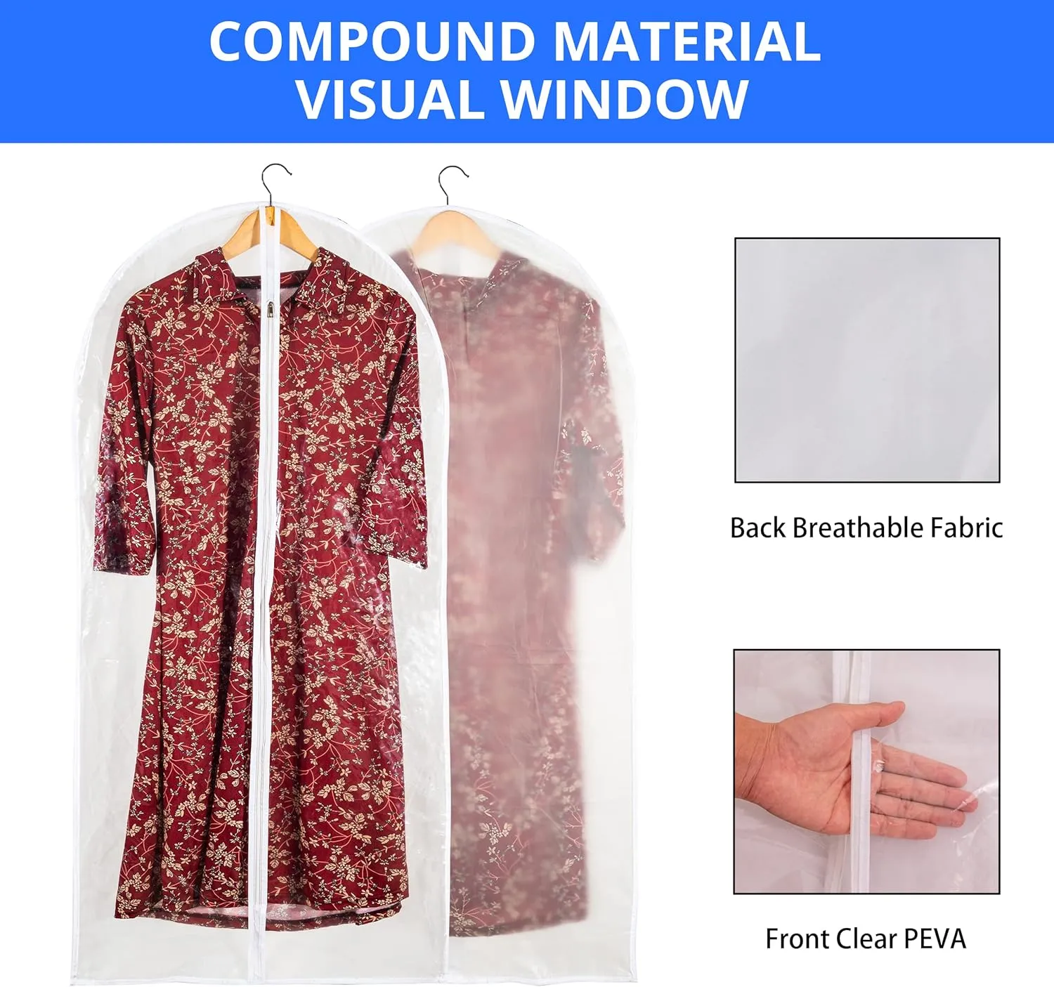 Clear Garment Bags for Long Gowns, Vinyl Dress Storage Bags, Zippered Plastic Protector for Dresses, 24"x60", 6 Pack